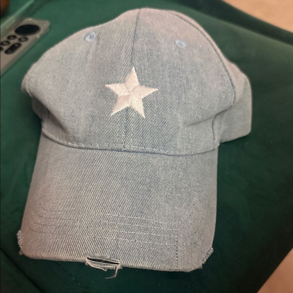 Light Blue Denim Distressed Baseball Cap with White Star Embroidery